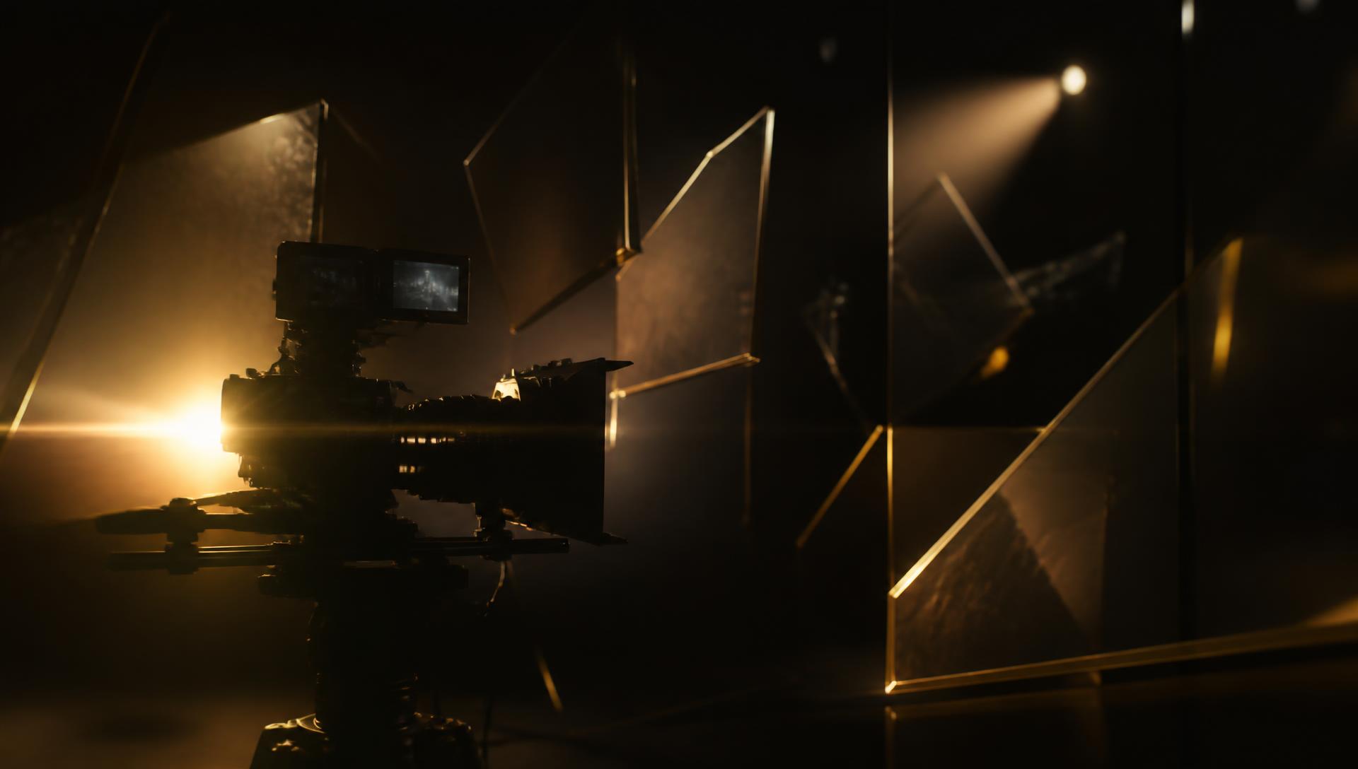 Cinema camera rig lit by warm studio lights inside a dark film stage